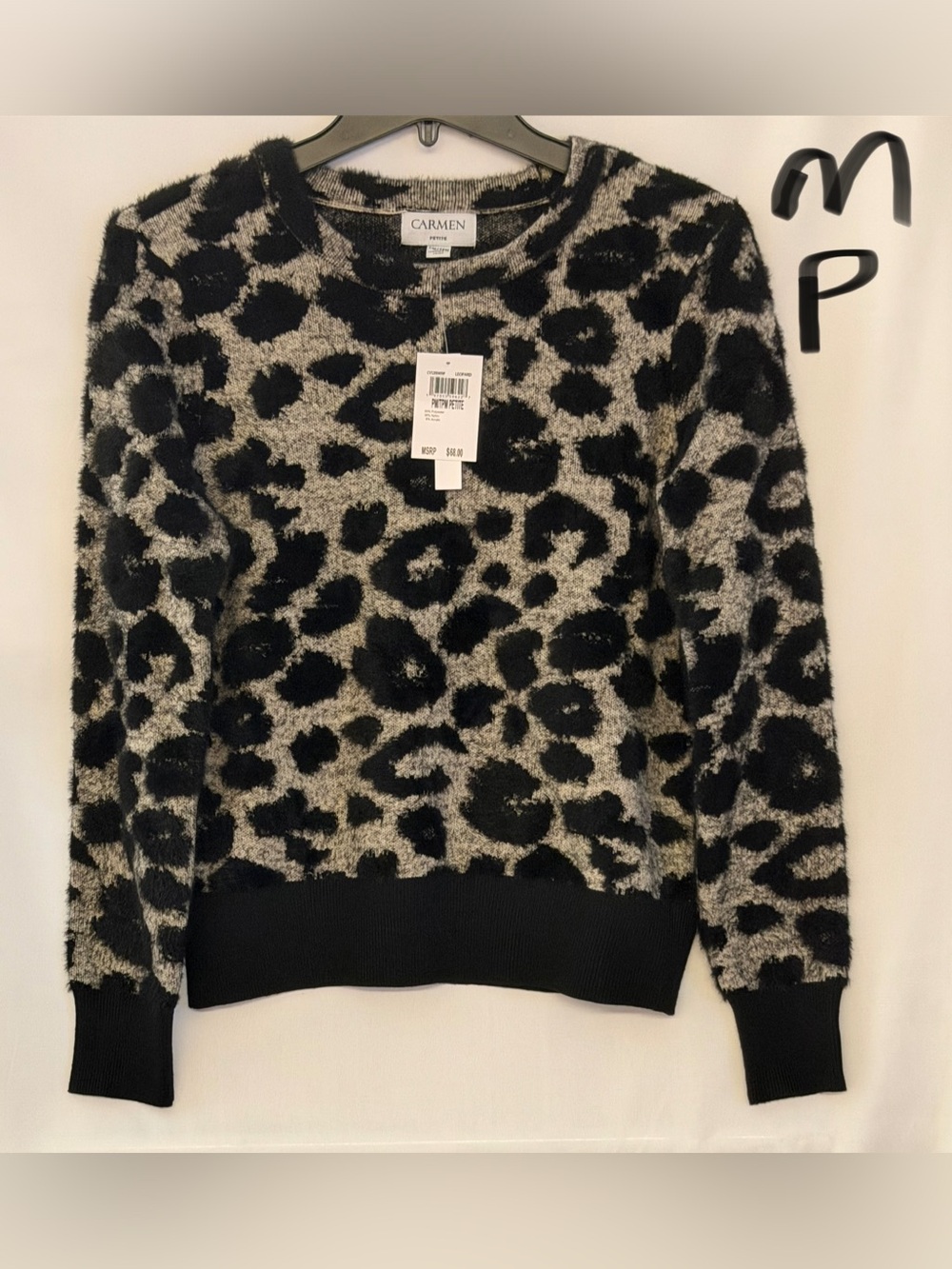 Carmen Leopard-Print Fuzzy Crewneck Sweater in Black and Gray